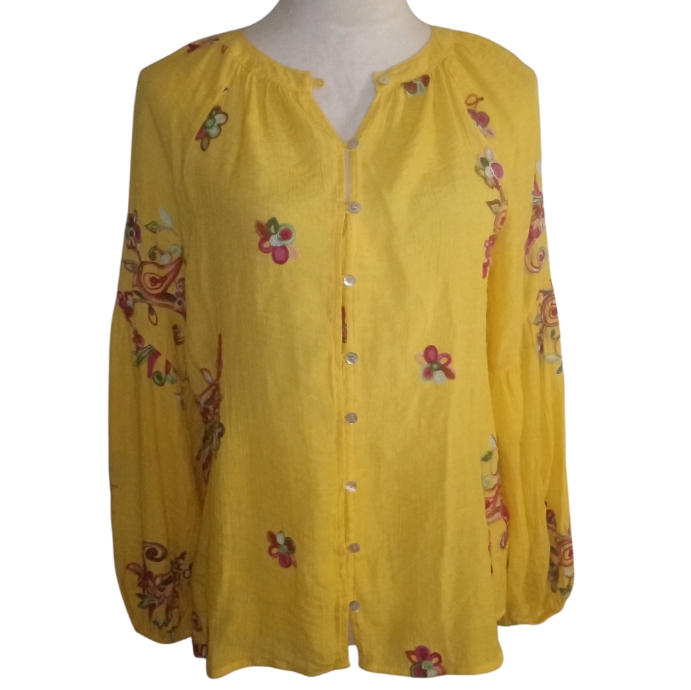 Anthropologie Figueroa & Flower Embroidered Yellow Boho Peasant Blouse Size S